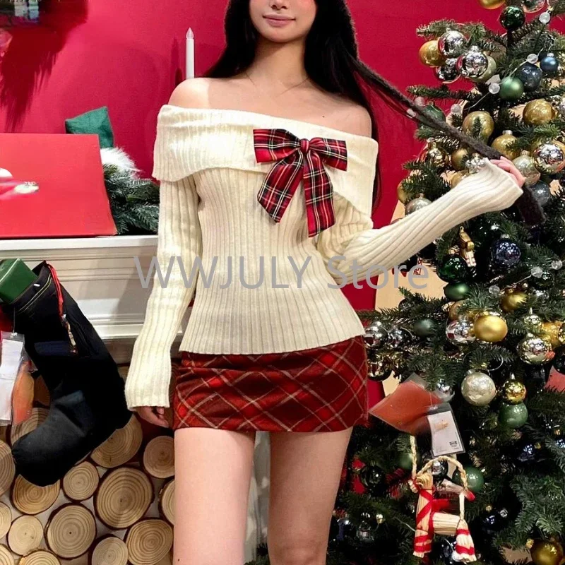 Autumn Winter Sweet Knitted Two Piece Sets Women Elegant Bow Sweater Tops Retro Plaid Mini Skirt Suit Harajuku Sexy Y2k Outfits