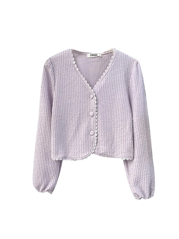 2024 New Lace Knitted Cardigan For Women Chic Solid Color V-Neck Sweater Autumn Winter Sweet Long Sleeved Female Short Tops