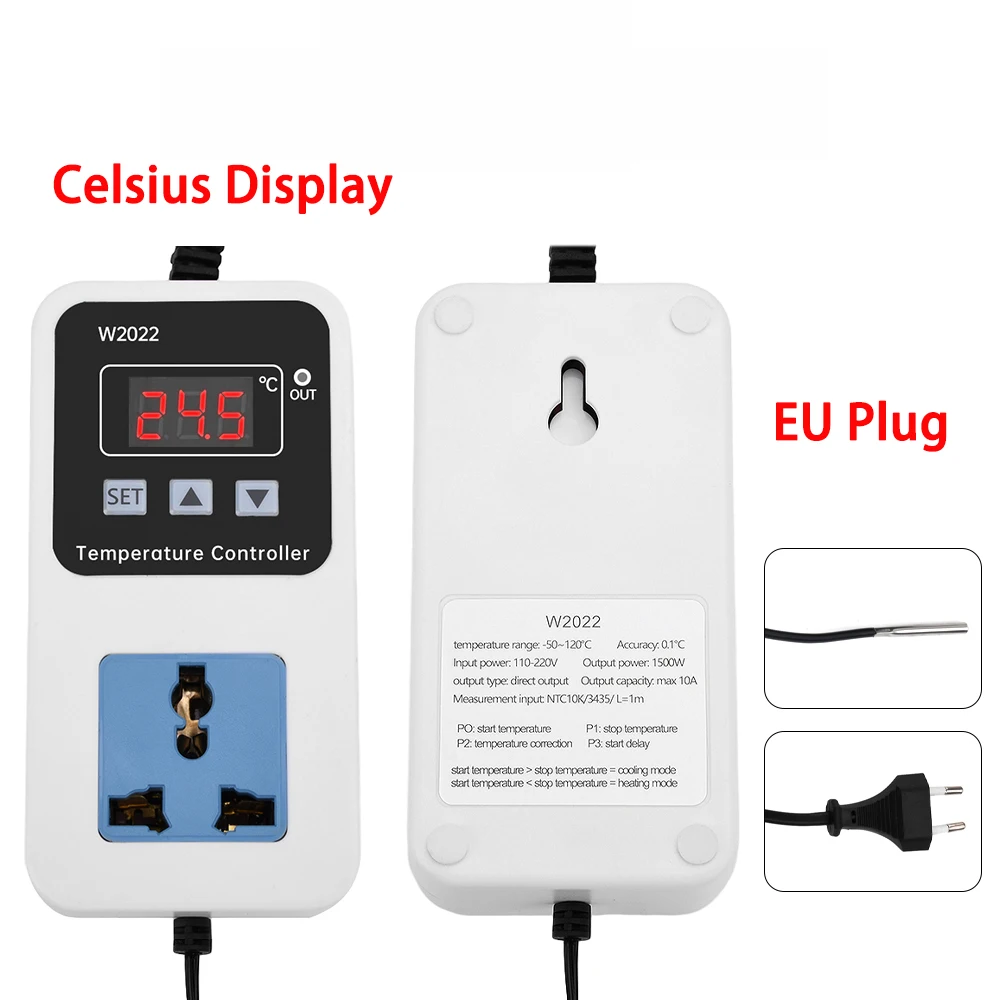 Digital Display Microcomputer Temperature Controller Socket W2022 AC 110-220V Thermostat Regulator US/EU Plug With NTC Sensor