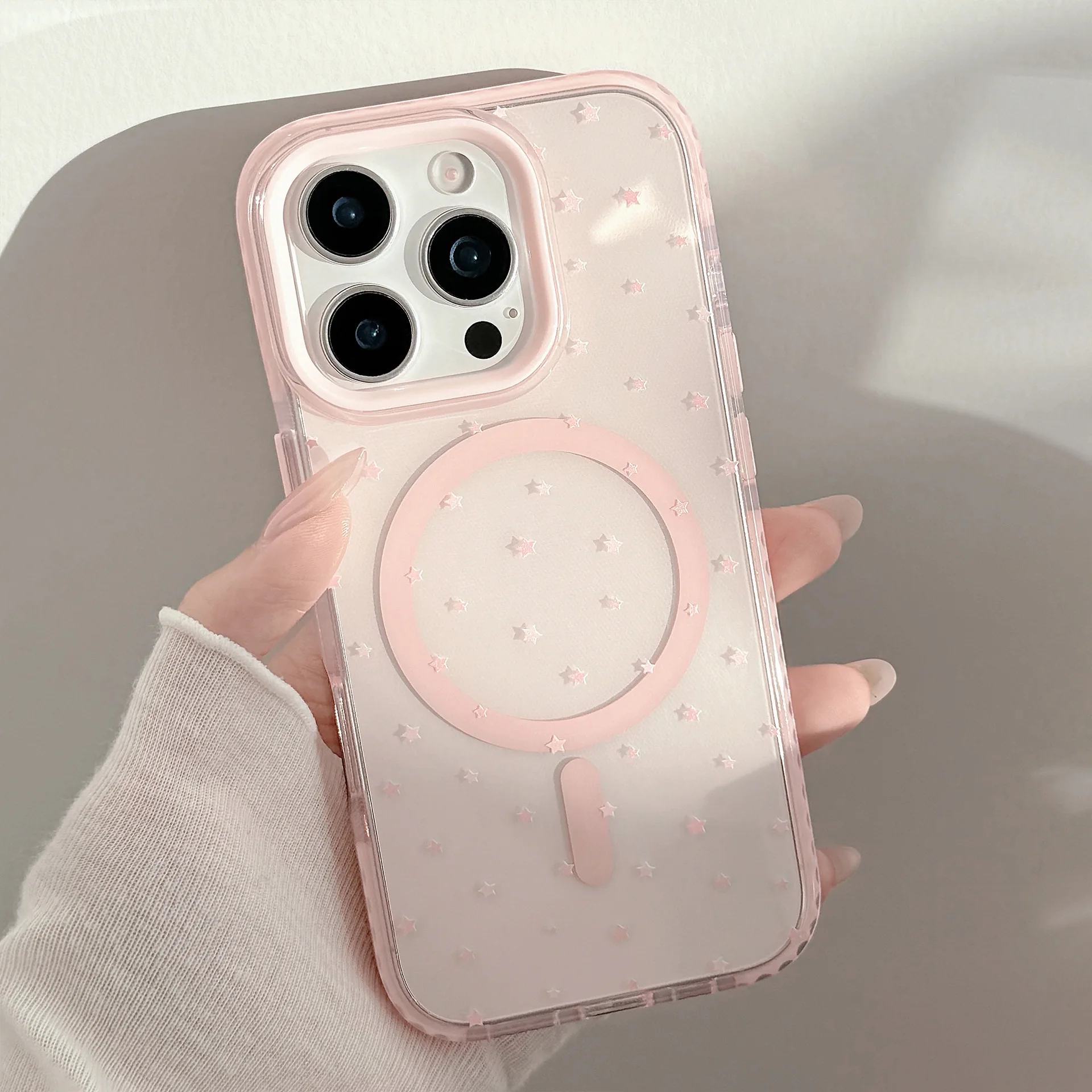 Korean Style Full Screen Pink Stars Transparent Magnetic Wireless Charging Phone Cover Case for iPhone 17 16 15 14 13 12 Pro Max - view 3