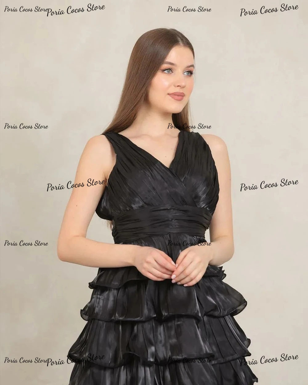 Customized Sleeveless Pleat V Neck A-line Prom Gown Backless Black Temperament Evening Party Dresses Vestido Formatura Luxo Glam