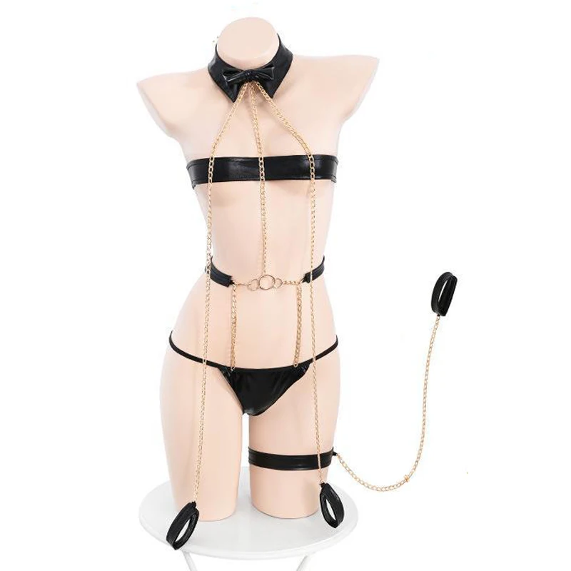 Sexy Faux Leather Traction Bind Underwear Set Gold Chain Cosplay Costume Amine Women Nightwear Role Play Outfits Lingerie Party