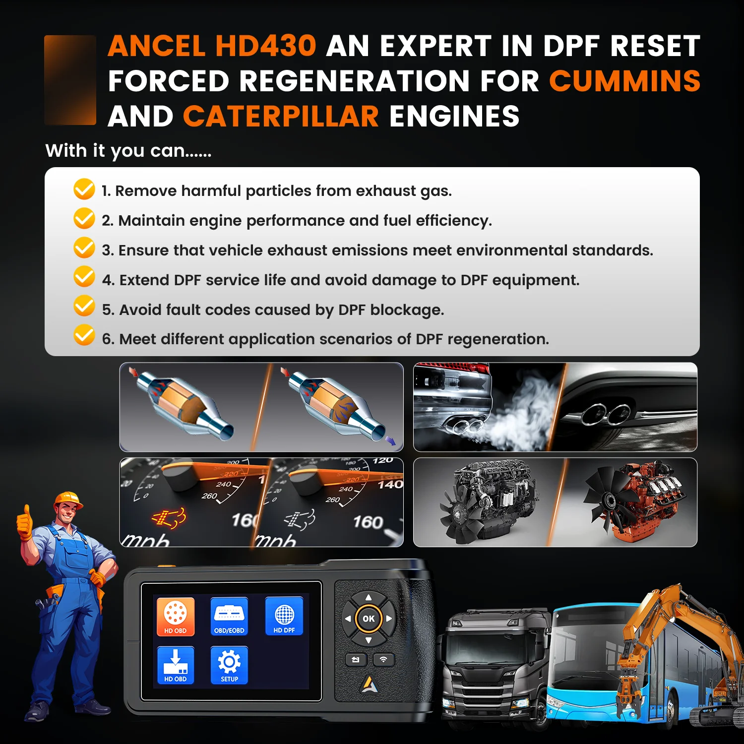ANCEL HD430 Zware vrachtwagenscanner DPF Reset Geforceerde regeneratie voor Cummins Caterpillar Engine Volledig systeem HDOBD Dieselscanner