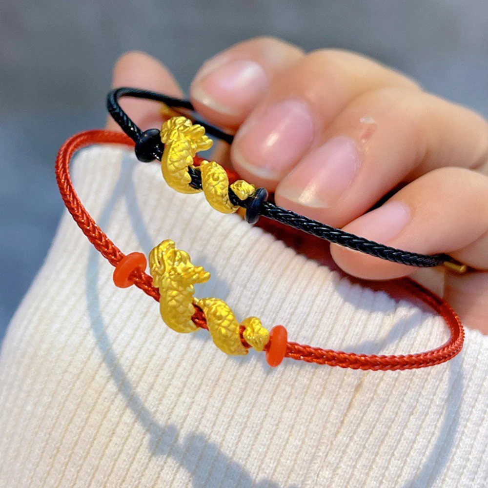 1pcs Pure 24K Yellow Gold Bracelet For Women Men 3D Convolutional Dragon Lover Gift Red String Bracelet