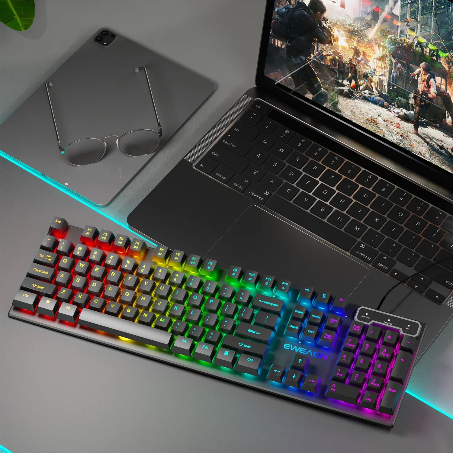 EWEADN GX30Z Gaming Keyboard 104 Keys LED Rainbow Backlit Silent Wired Mechanical Keyboard Ergonomic for Office Laptop PC Gamer