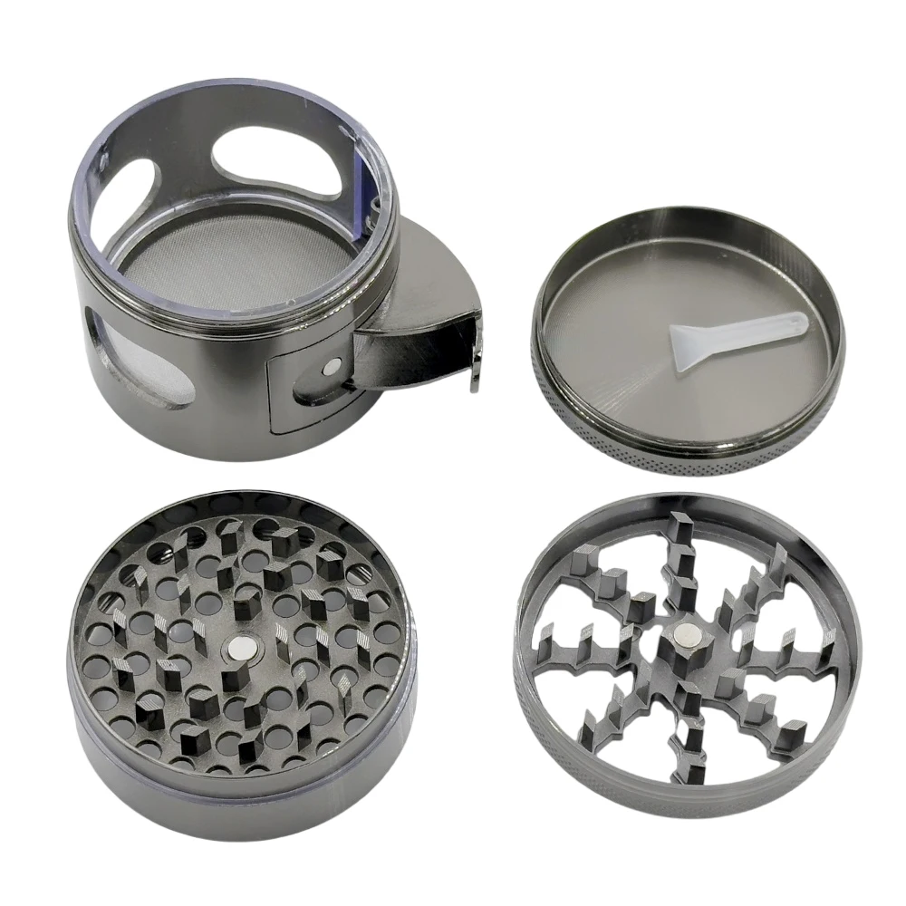 Metal Grinder Zinc Alloy Machine 60mm 4 Parts Clear Glass Window Easy Dump Crushed Herb Grinder view 3