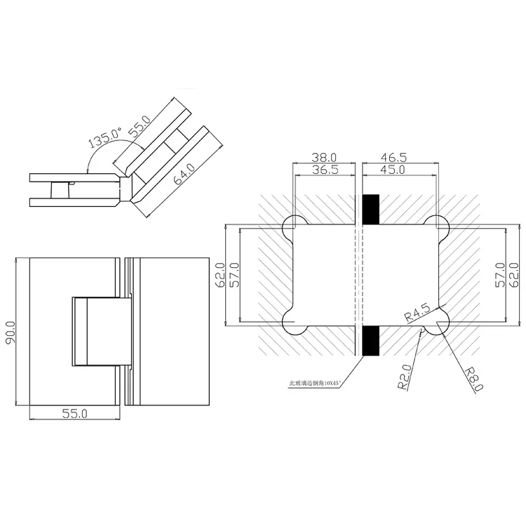 Frameless Shower Door Hardware mouse-ears glass cut-out Glass-to-Glass Hinge for wider heavier doors