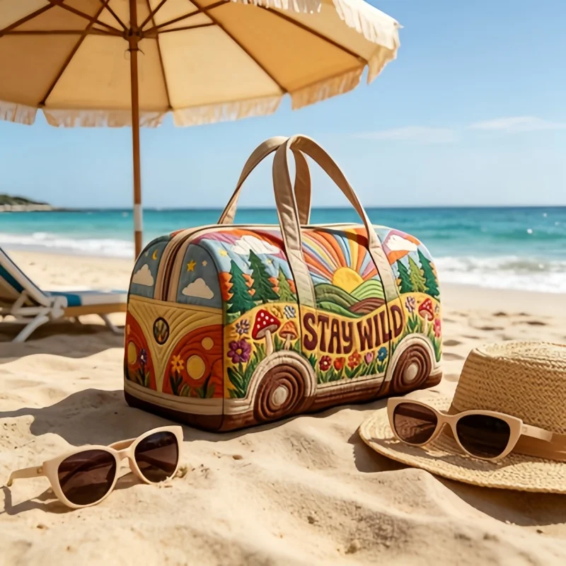 

1pc Vintage Van Print Travel Bag, Hippie Boho Quilted Duffle Bag, Large Capacity Portable Weekender Bag for Women