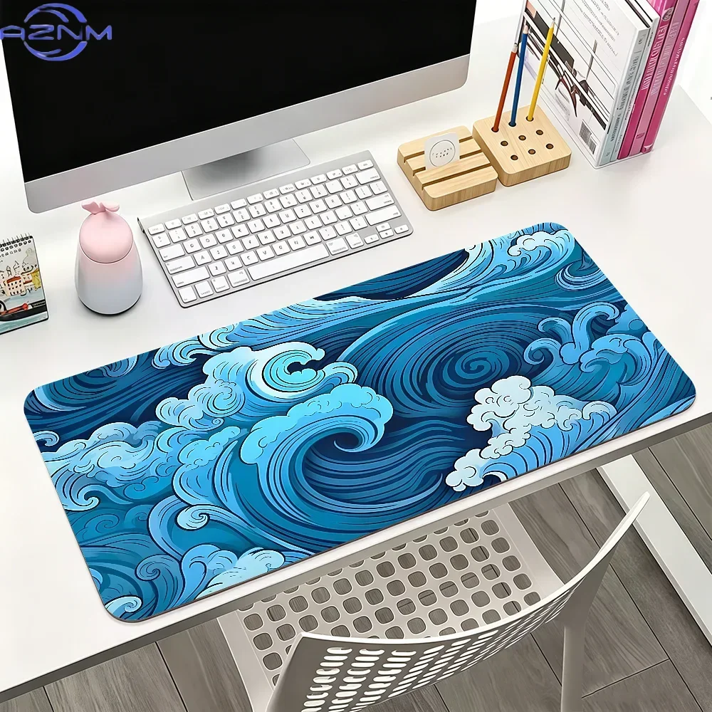 Japanese Style Blue Ocean Wave Art Extended Mousepad, Non-Slip Rubber Base Large Desk Mat, Smooth Surface for Gaming Office Desk