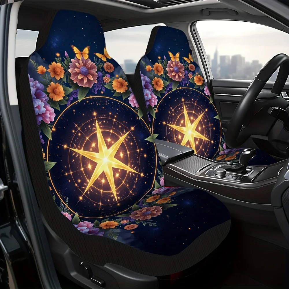 2pcs, Floral Butterfly Celestial Design Car Seat Covers, Washable And Soft, Fit For Most Vehicles, Great For Stylish Interior U