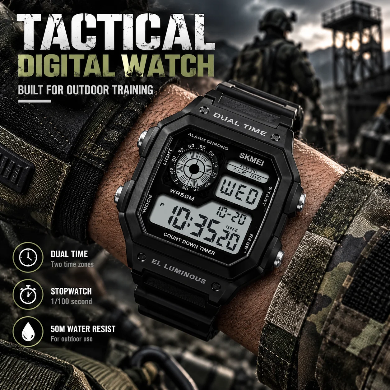 Men Tactical Square Digital Watch, 50M Waterproof Outdoor Sports Wristwatch, Dual Time Alarm Countdown Chronograph Luminous