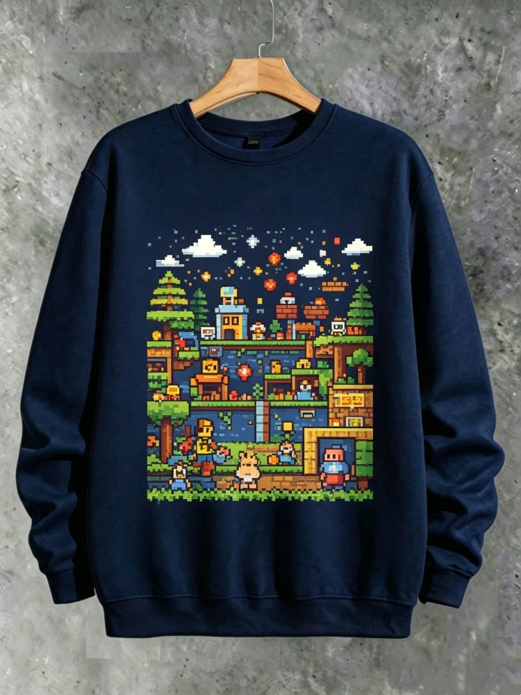 Men's Crewneck Sweatshirt Pixel Art Game Print Long Sleeve Retro Video Game Lover Pullover