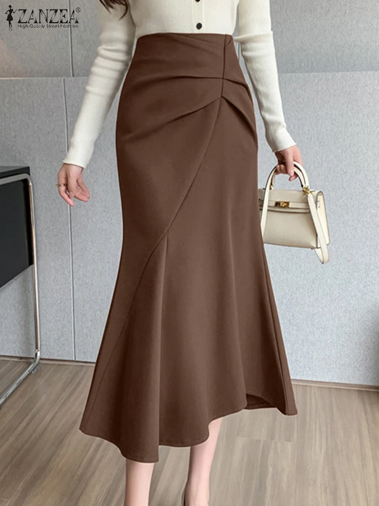 Autumn Women High Waist Officewear Skirts ZANZEA Elegant Soolid Pleated Faldas Saia Party Jupe Stylish Woman Skirt Midi Vestidos