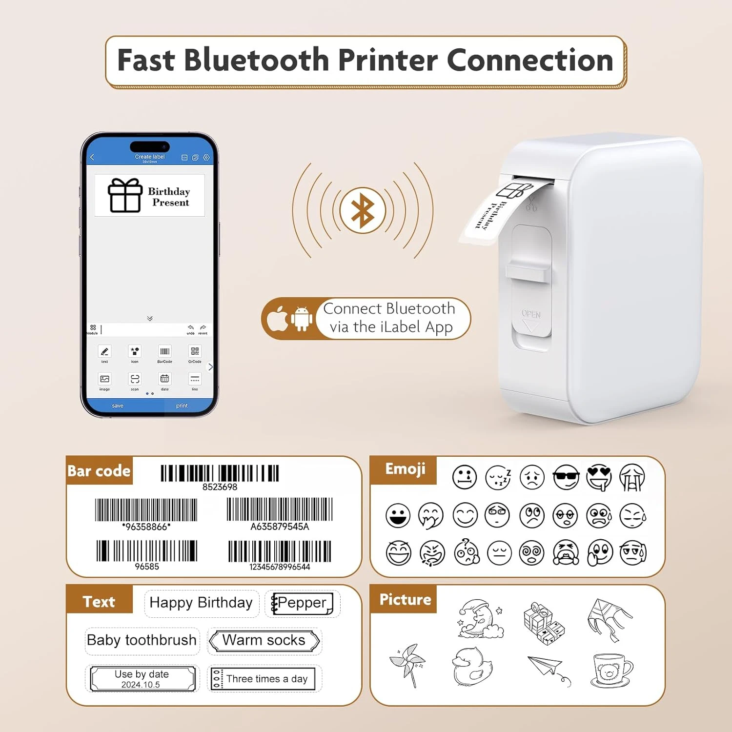 Label Maker Printer with Tape, Bluetooth Label Printer Sticker -in , Inkless Portable Label Machine for Printing Labels, Wireles