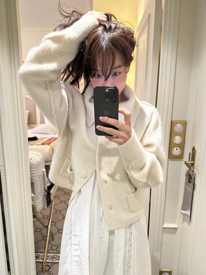 

Soft Cozy High Collar Knitted Cardigan Women's ort Sle Gentle Color Pure Loose Fit Long Sve Button up Top