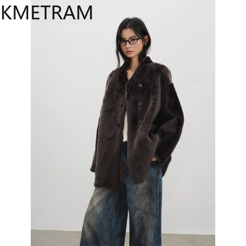 KMETRAM Short Hair Merino Sheep Fur Shearling Jacket Fourrure Tops Single-breasted Real Fur Coat Woman Oversized Overcoat Шуба
