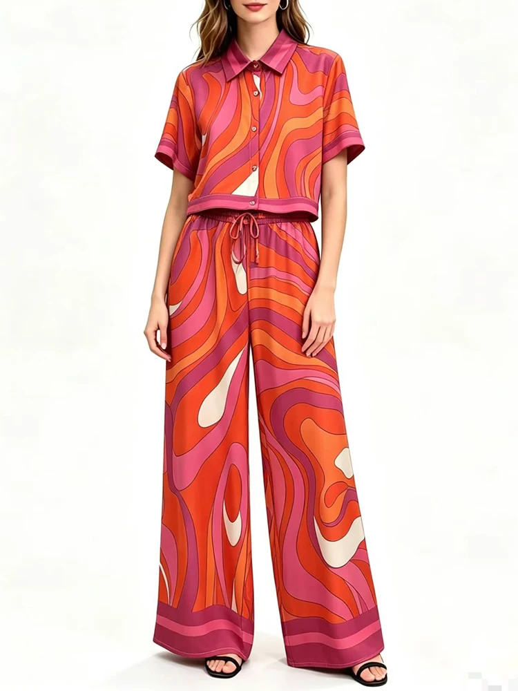 Conjunto De Dos Piezas De Camisa Corta Con Estampado Geométrico Retro Y Pantalones Anchos De Pierna, Moda De Verano 2026 Para Mujer — -22%, 14.93€ Coupon, from 49.99€ – 22% descuento – €49.99