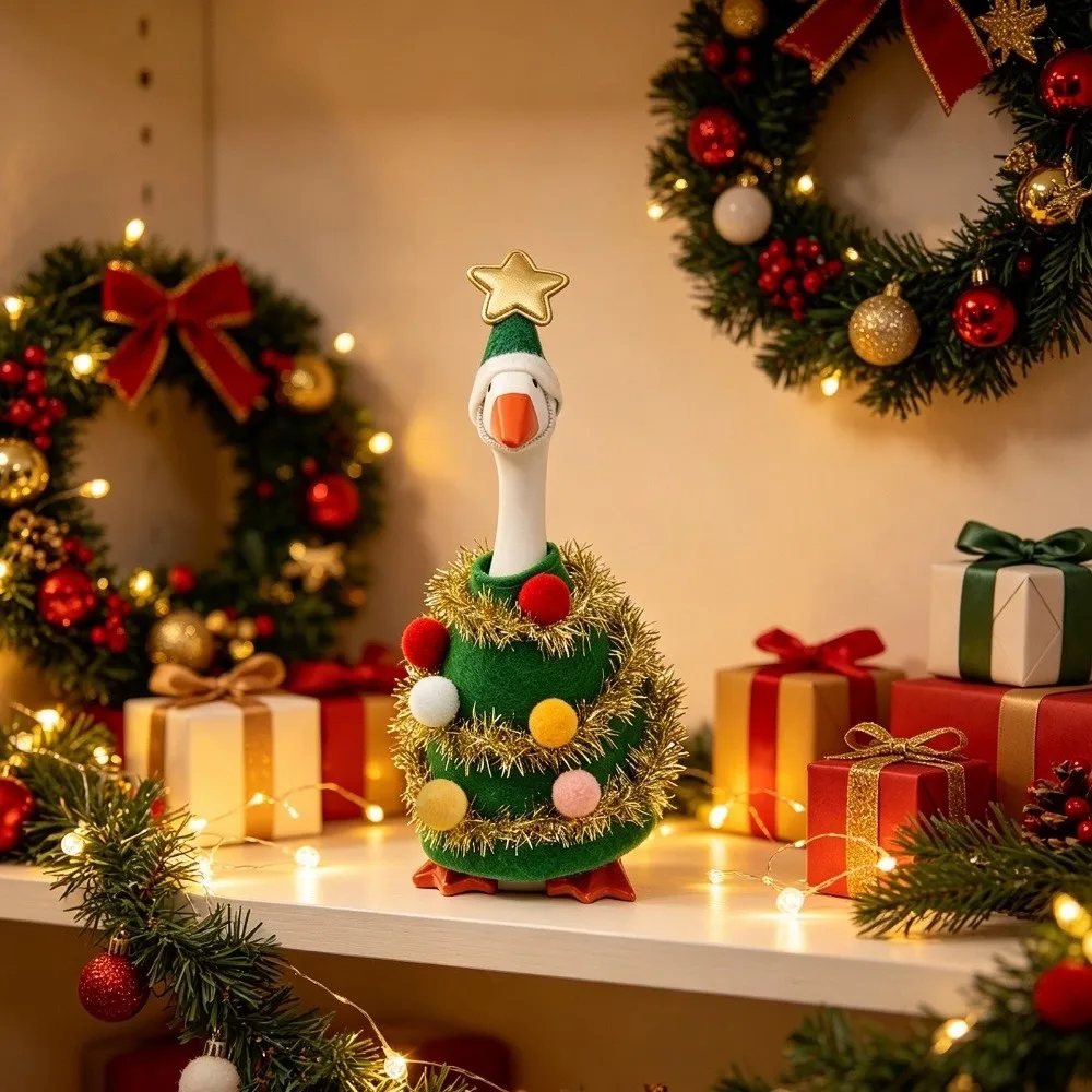 Cute Fabric Goose Statue 7-Inch Christmas Tree Shaped Christmas Ornament With Hat Red And White Striped Scarf Pet Clothes Yard