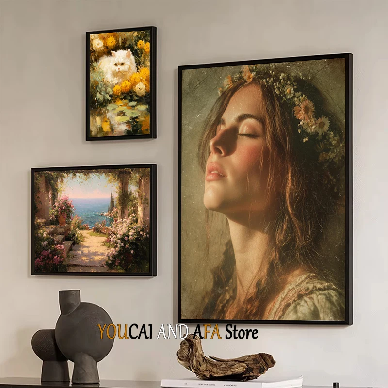 Romantic Vintage Old World Elegant Stallion Rustic Villa Mediterranean Coastal Garden Poster Canvas Painting Wall Pictures Decor