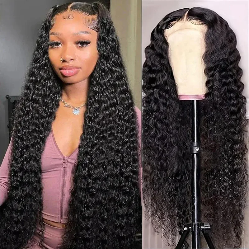 Tewjig 40 Inch 13x6 Transparent HD Water Wavy Curly Natural Color  Lace Frontal Human Hair Remy Loose Wig Deep Wave Wig Women