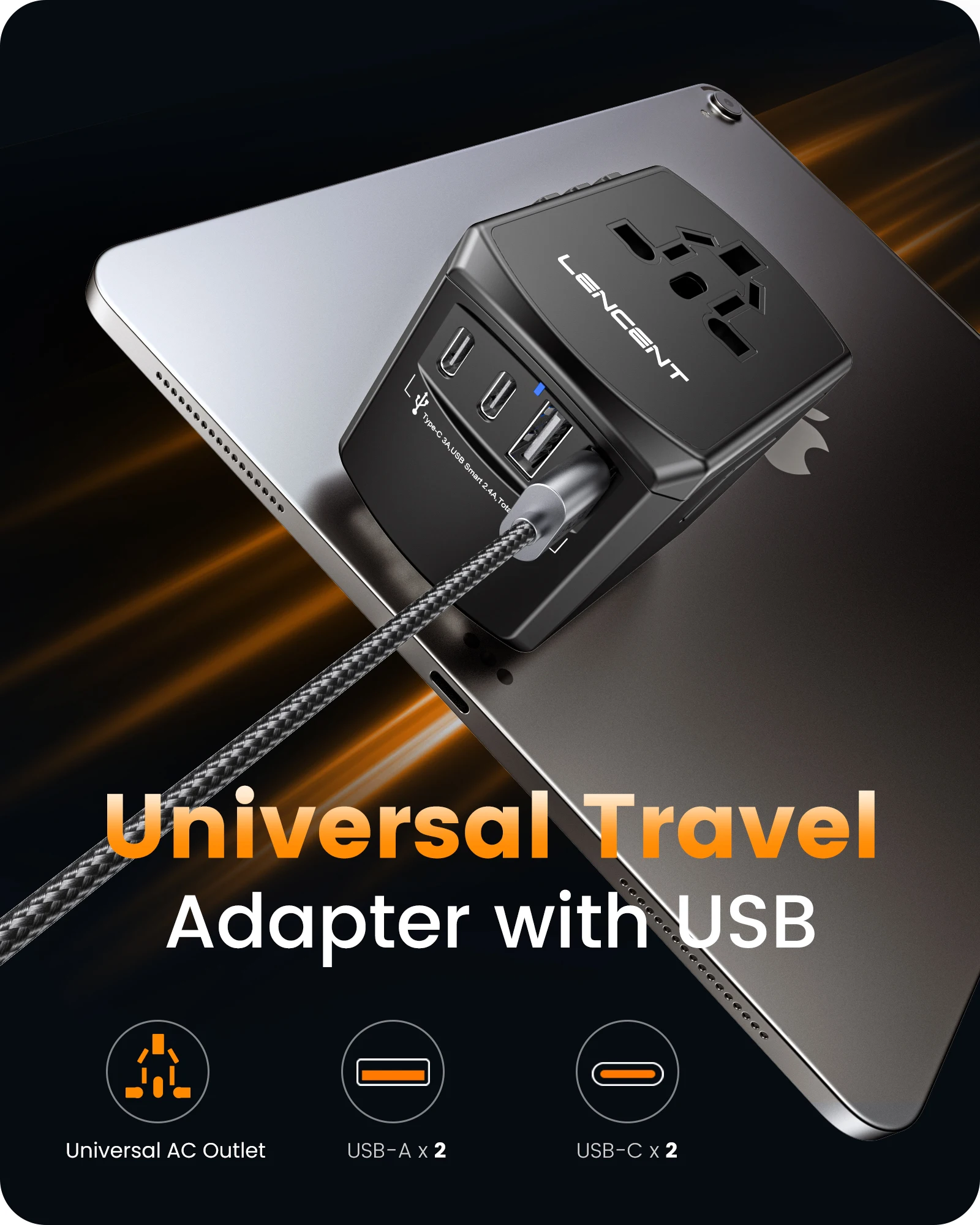 LENCENT Adaptador de viagem universal Adaptador de tomada internacional com 2 USB-C + 2 portas USB-A Carregador de parede para viagens UE Reino Unido EUA AUS