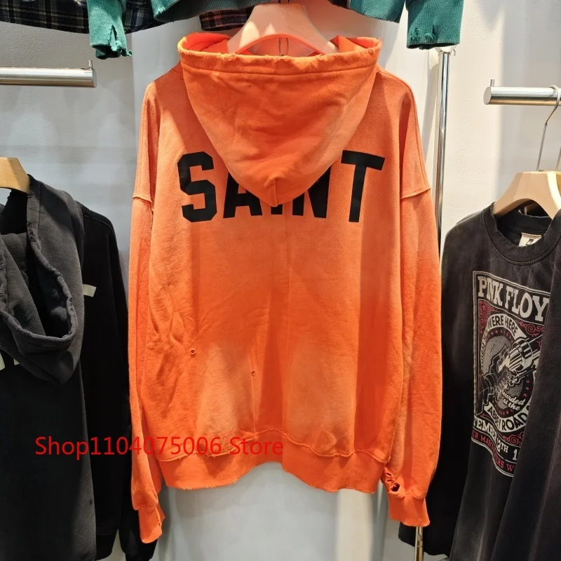 سترة بقلنسوة فضفاضة من القطن باللون البرتقالي القديم، ملابس شارع مطبوعة بأحرف بسيطة