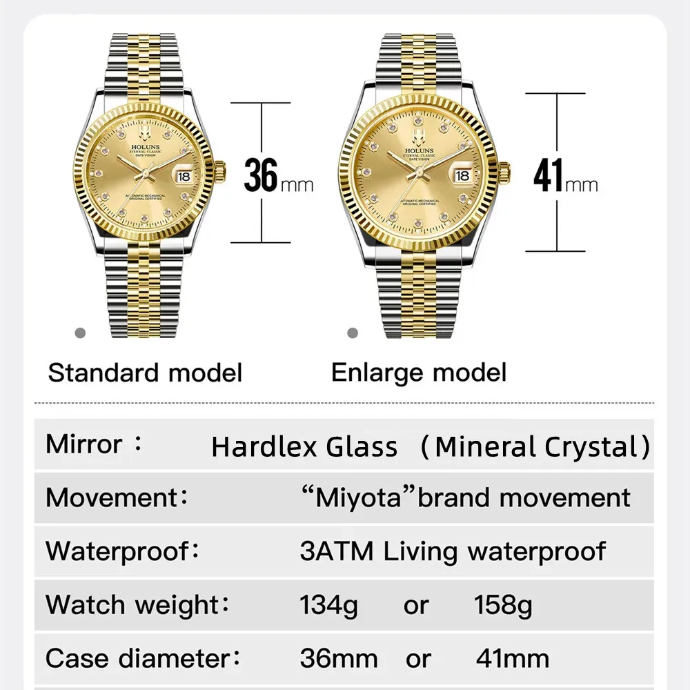 HOLUNS Luxury Classic Designer Gold Men Watch Full Steel Japan MIYOTA Automatic Mechanical Self-wind Watches Business Wristwatch