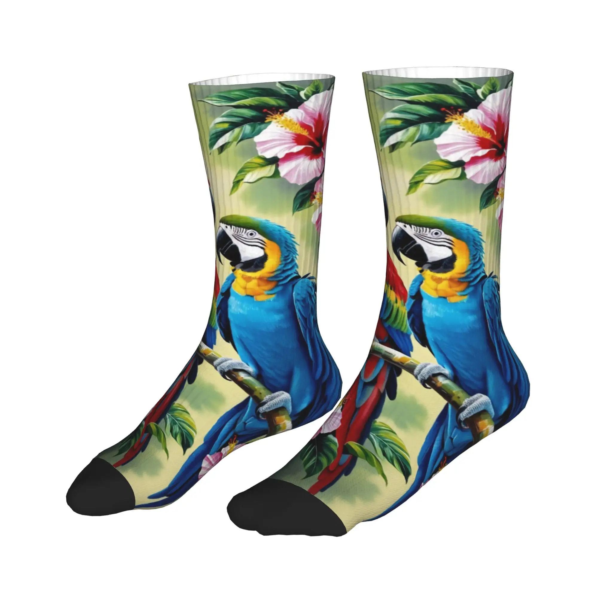 Cute Men's Dual Macaw Parrot Hibiscus Tropical Dress Socks Unisex Warm Comfortable 3D Printed  Crew Socks view 3