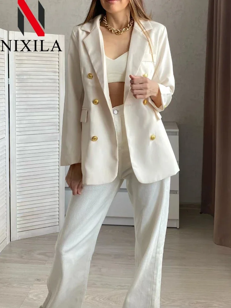 Spring Autumn Women Chic Office Lady Double Breasted Blazer Vintage Coat Fashion Collar Long Sleeve Ladies Outerwear Stylish Top