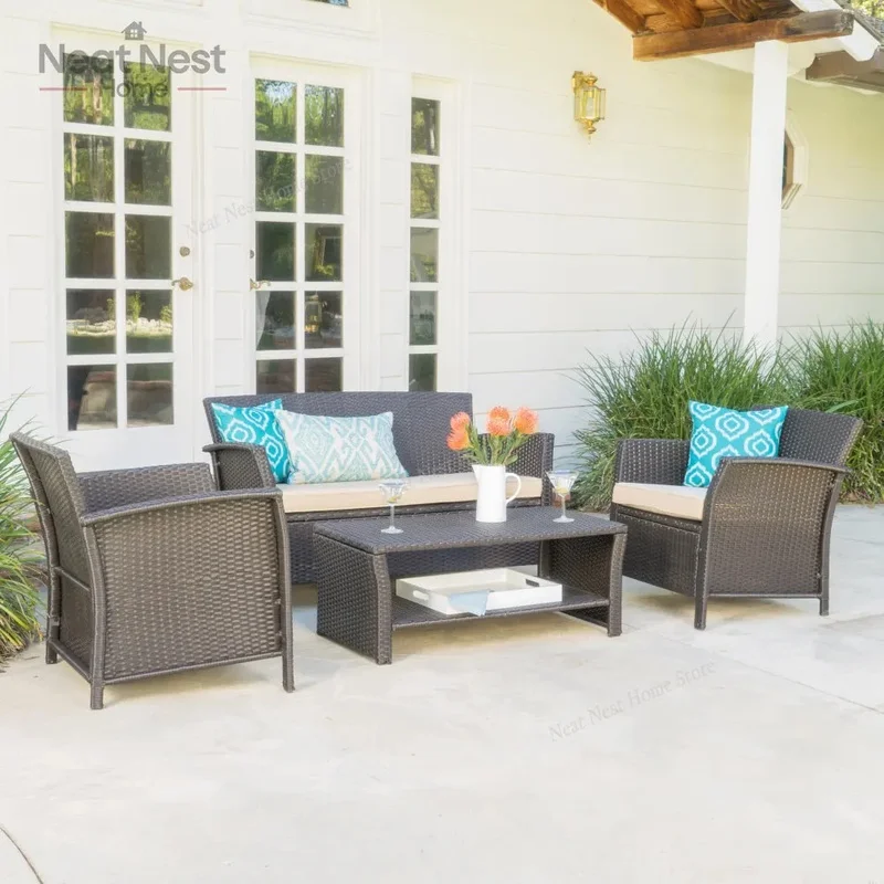 4-Piece Outdoor Wicker Patio Conversation Furniture Set with Coffee Table and Cushion for Backyard or Gazebo