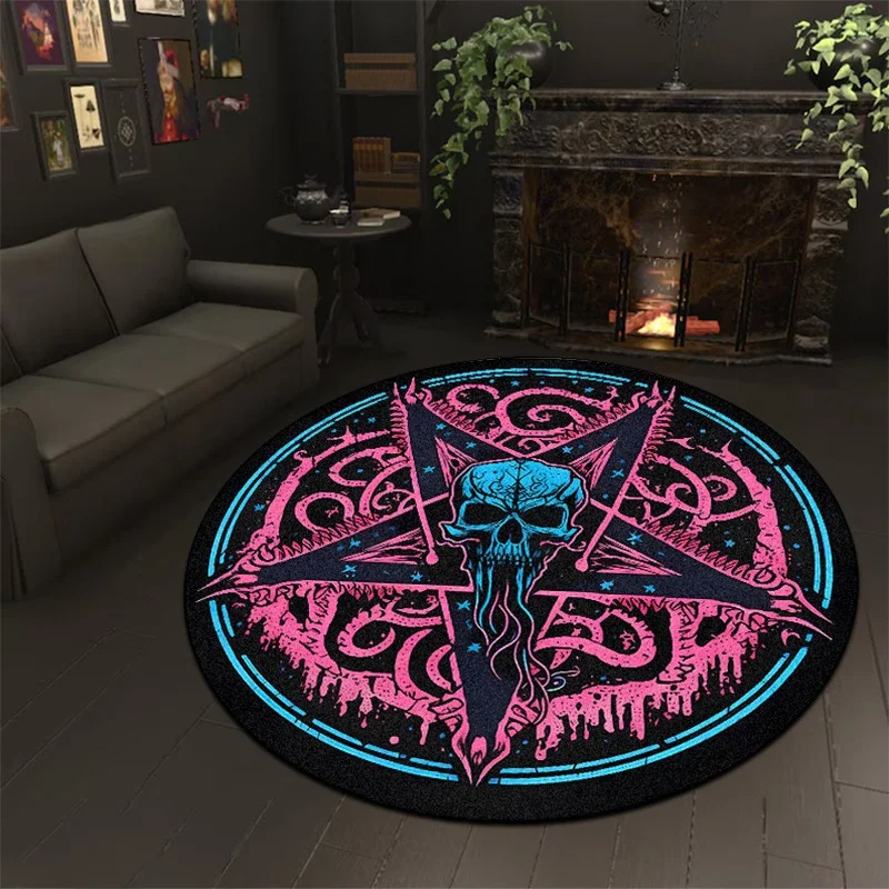 VIKAMA Gothic Pentagram Skull Round Area Rug Pink Blue Dark Occult Pattern Non‑Slip Floor Mat for Bedroom Living Room Home Decor
