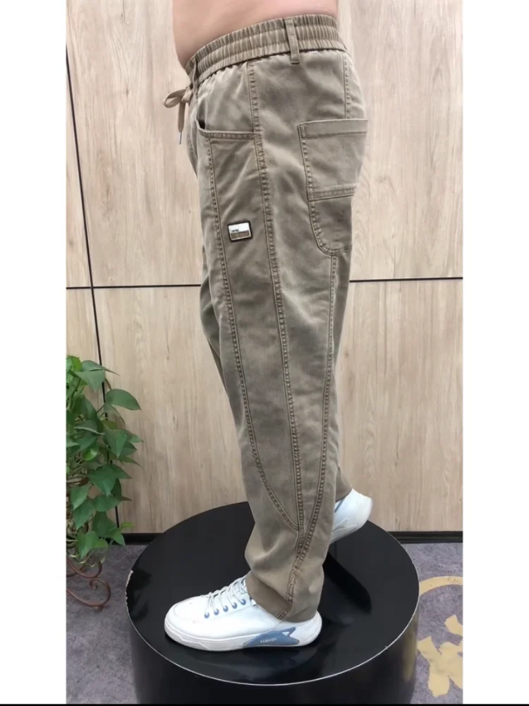 

Высокоэластичные свободные прямые джинсовые джинсы для мужчин, брюки Harlan Dad, модные брюки большого размера, модное лоскутное шитье