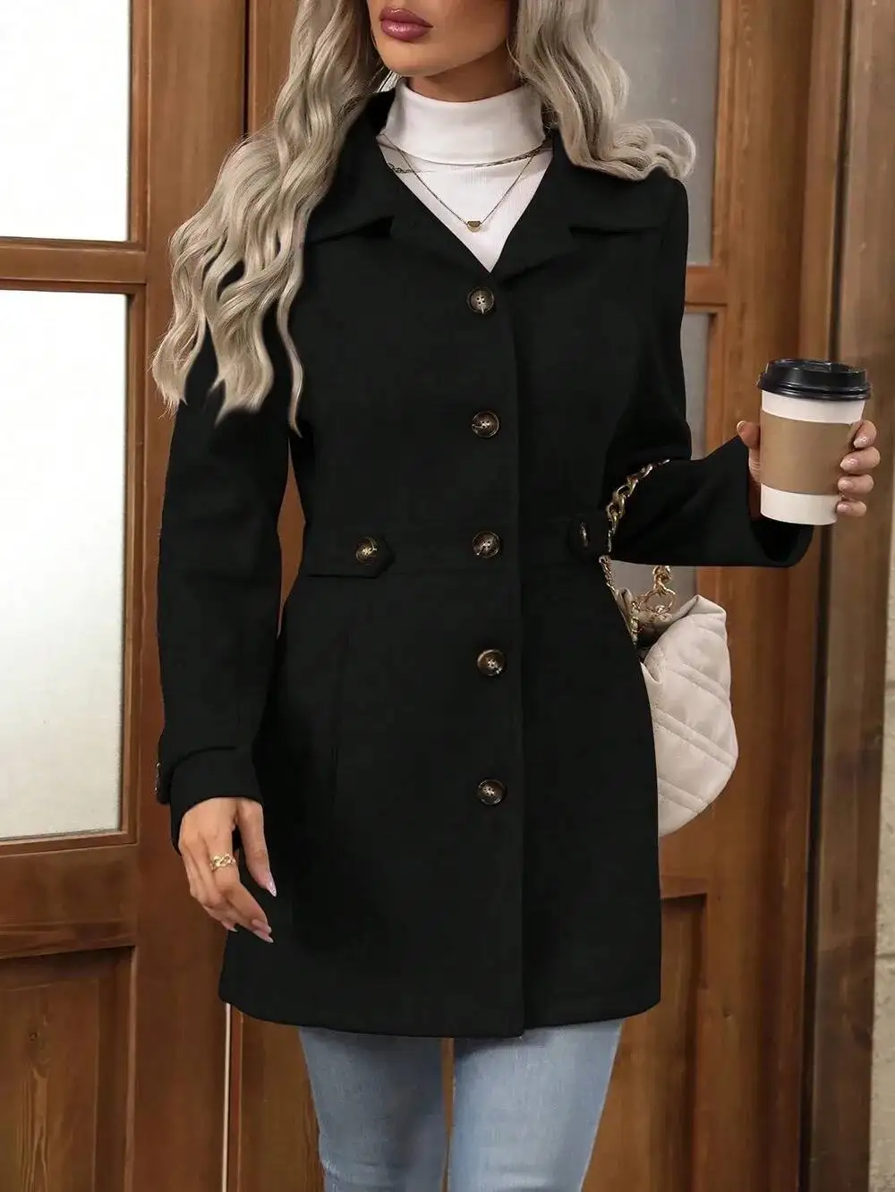 Plus Size Autumn Winter New Mid-Length Woolen Coat With Turn-Down Collarand Buttons Slim Fit Elegant Cross-Border Fashion