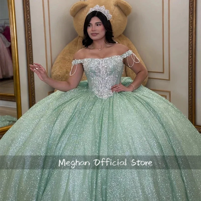 Customized Sage Green Shiny Quinceanera Dresses Off The Shoulder Lace Beading Crystal Tull Party Birthday Sweet 16 Dress