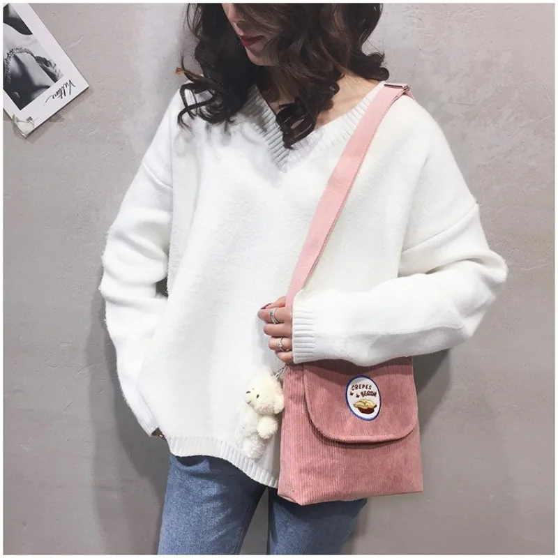 

Beautiful Corduroy Shoulder Bag with Bear Doll High Quality Storage Bags Girl Student Fashionable Bag