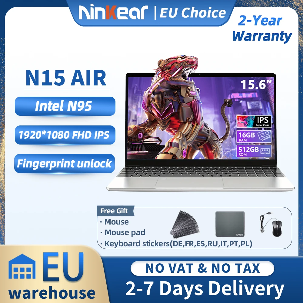 Laptop Ninkear N15 Air Intel N95 15,6 cala FHD IPS 16 GB DDR4 512 GB SSD Podświetlana klawiatura Rozblokowanie odciskiem palca Windows 11 Notebook