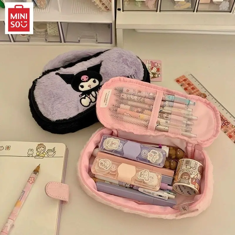 Miniso Sanrio Pen Bag Cartoon Kuromi Plush Pencil Case Large Capacity Cute Korean Stationery Makeup Bag Kawaii Bag Kids Gift