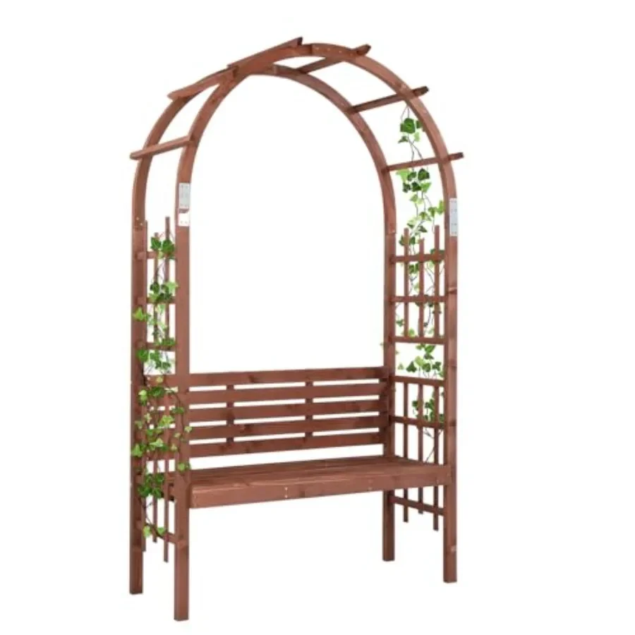 Outdoor wooden garden arch with bench for climbing plants and two-person seating, natural wood color, weather-resistant finish