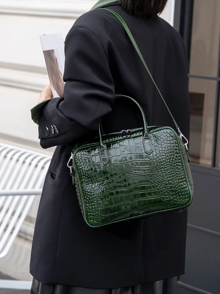 

Large Capaci Pure Cowhide Crocodile Pattern Boston Women's Handbag Casual Leather Single oulder Slant Cross Document Bag
