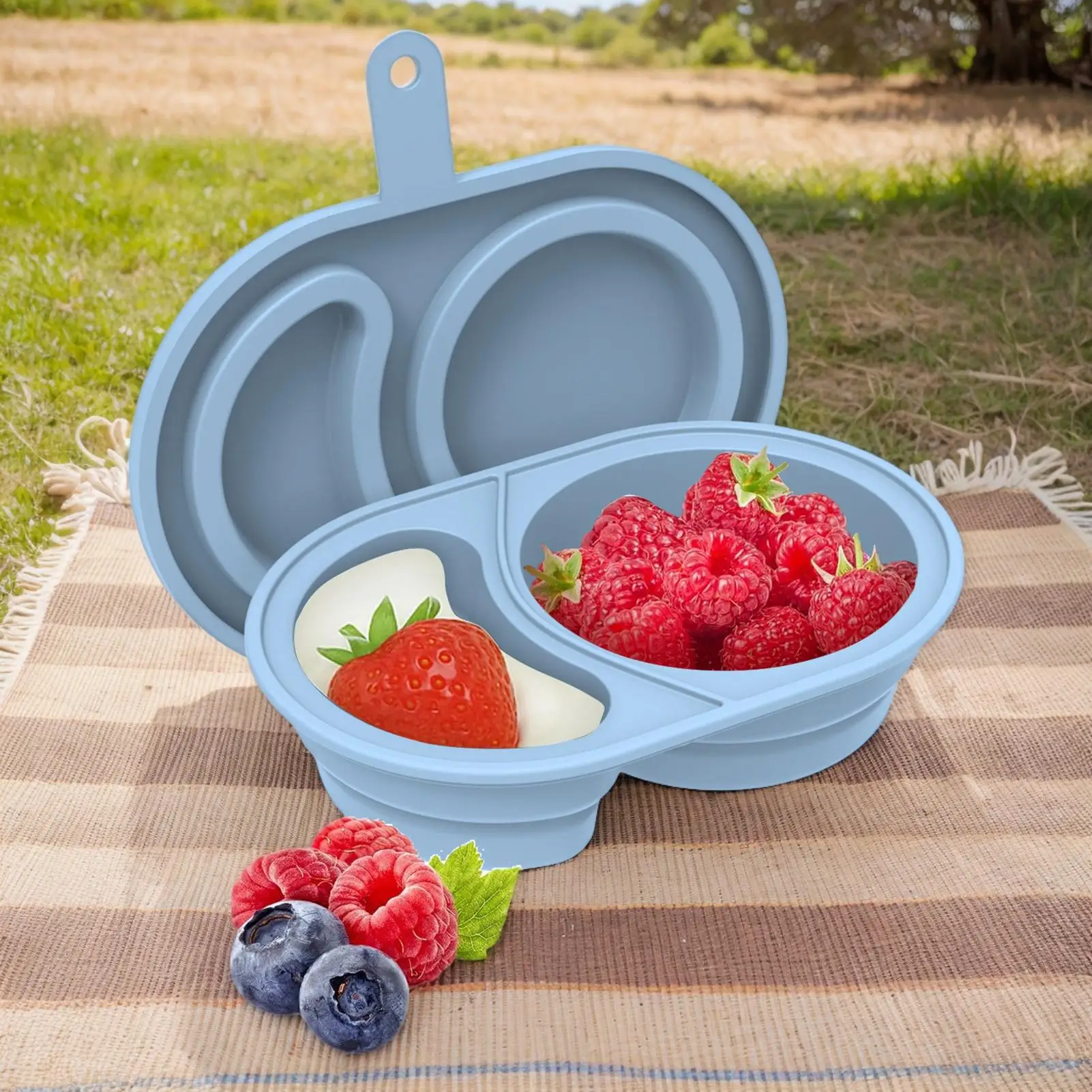 

Divided Food Storage Box Snack Containers Leakproof Silicone With Lid Foldable 2 Compartments For Snack Condiment Dressing Sauce