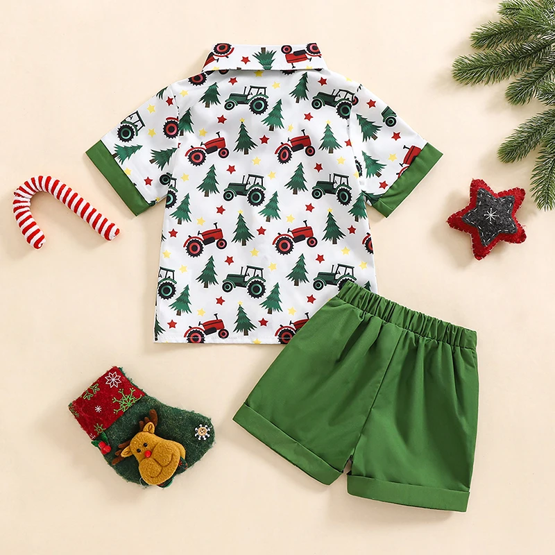 Рождественский наряд для маленьких мальчиков, рубашка на пуговицах с короткими рукавами и тракторной елкой, однотонные шорты с эластичной резинкой на талии, комплект из 2 предметов