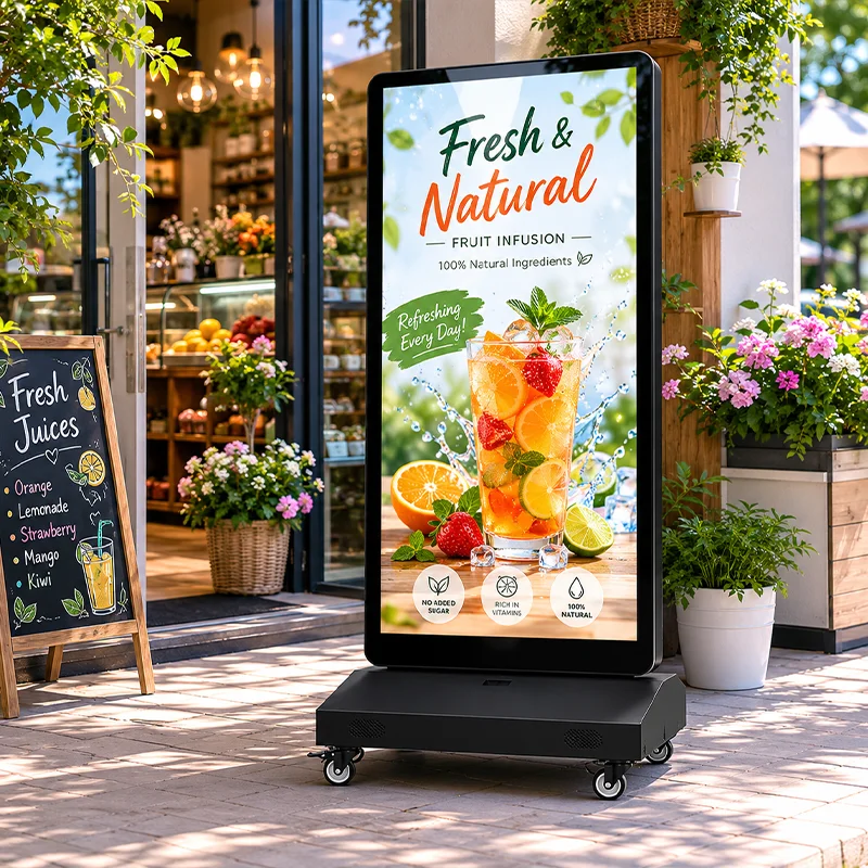 Portable Rolling Advertising Display Outdoor Dual Screen Kiosk High Brightness LCD Panel Battery Operated Marketing Equipment