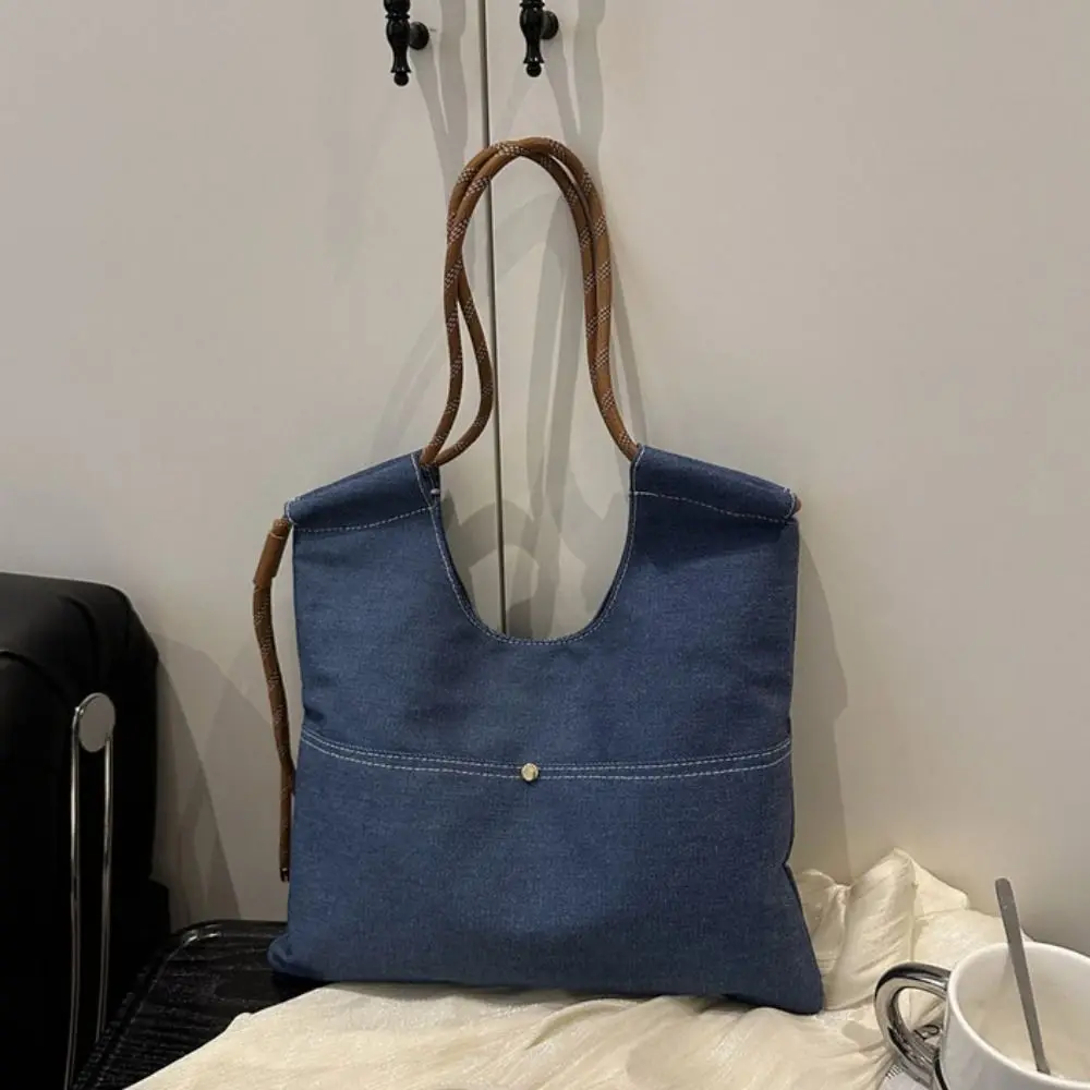 حقيبة كتف الدنيم حقيبة قماش قنب حقيبة كروسبودي سعة كبيرة حقيبة يد خمر حقيبة تسوق بلون بسيط حمل حقيبة السفر #4