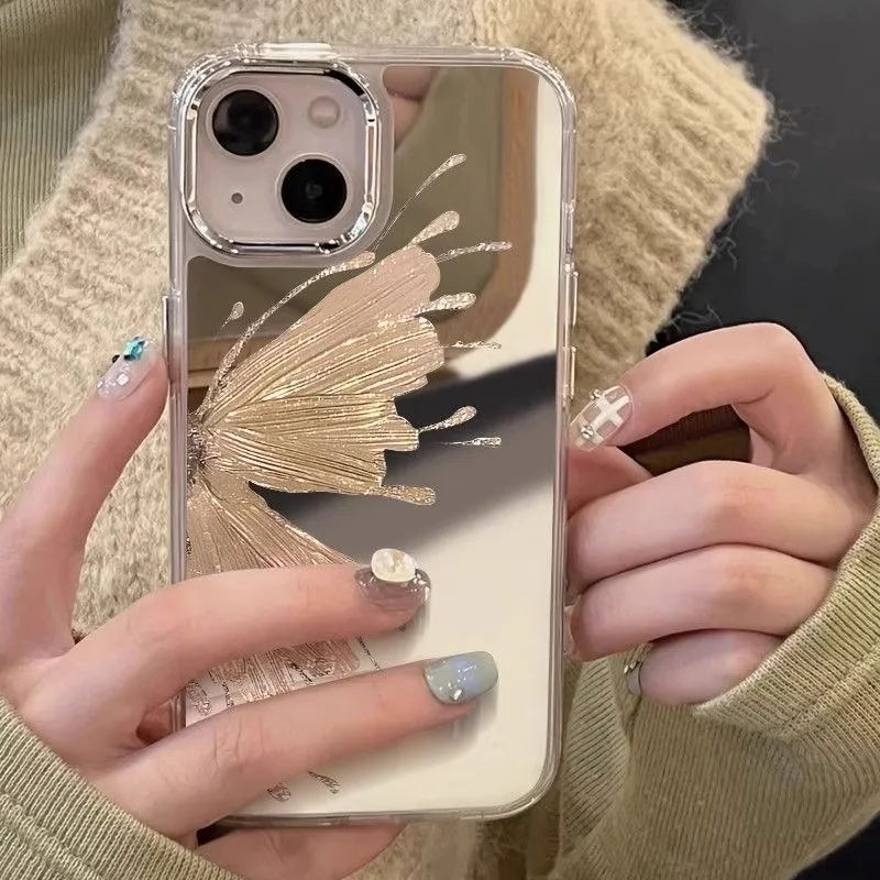 Golden Butterfly Silver Plated Mirror Case For iPhone 15 14 13 Pro max 12 11 Pro Max Case Drop Protection Cover