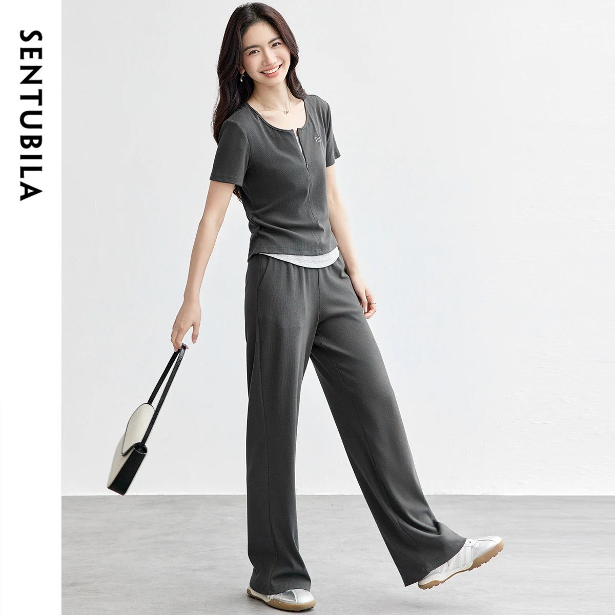 

SENTUBILA Women's Summer Suits 2025 Two-Piece Casual Set O-Neck T-Shirt Wide Leg Pants Sprot Slim Outfit Woman Clothes152ZC1769