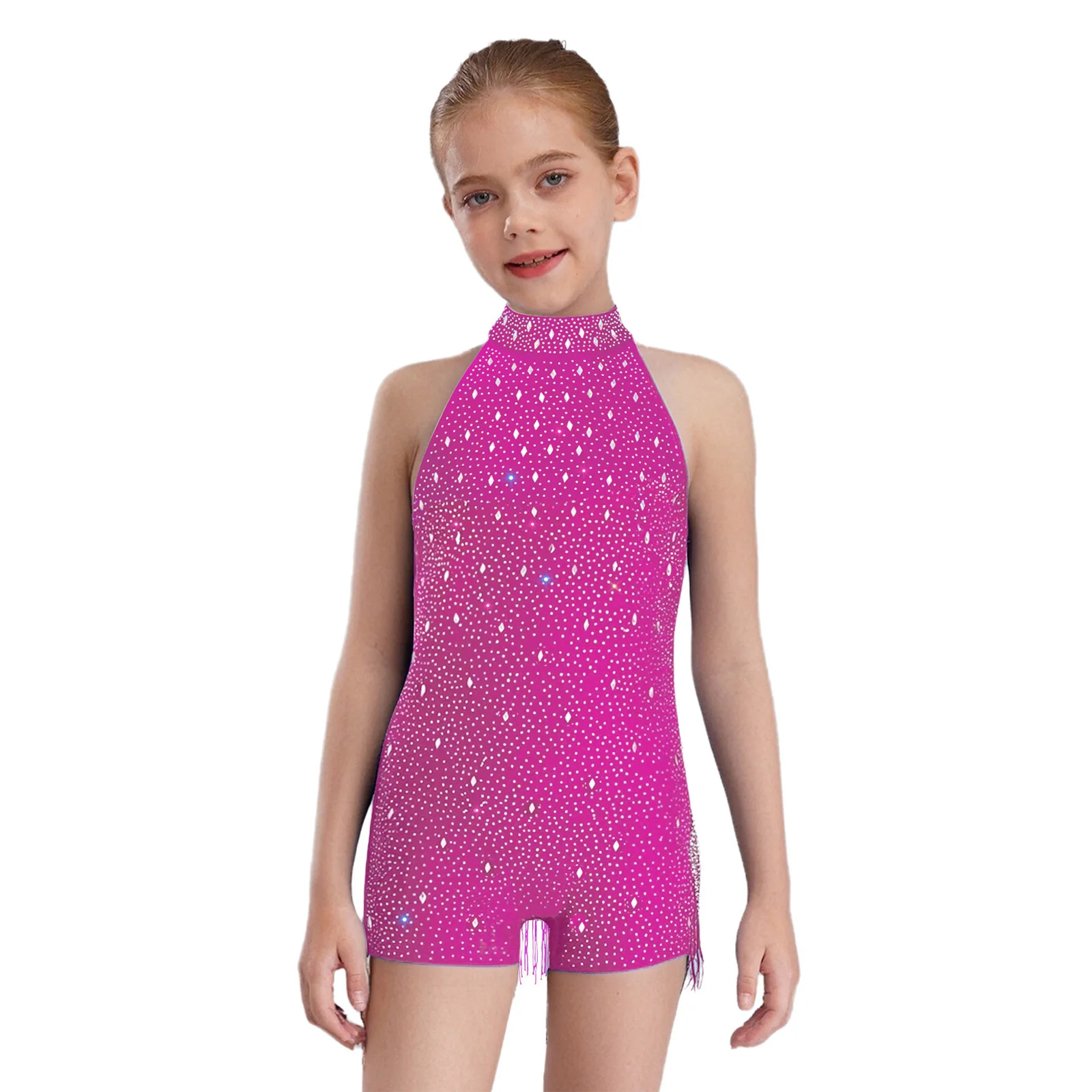 Kids Girls Backless Latin Jazz Dance Leotard Fringed Halter Sleeveless Shiny Rhinestones Bodysuit for Performance Competition