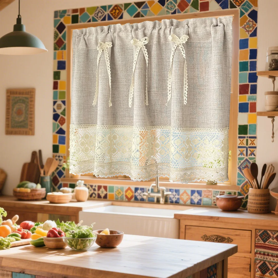 Elegante beige kurze Vorhänge mit Spitze, Schleife, Fenstervorhänge für Wohnzimmer, Küche, Tür, Schrank, halber Vorhang, Heimdekoration