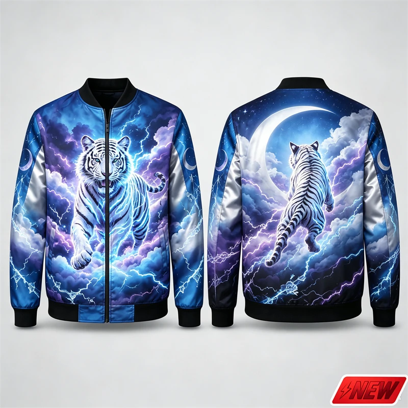 Men Harajuku Bomber Zipper Jacket 3D Print Tiger Moon Sky Animal Graphic Zip Up Coat Outdoor Party Daily Novelty Unisex Jackets