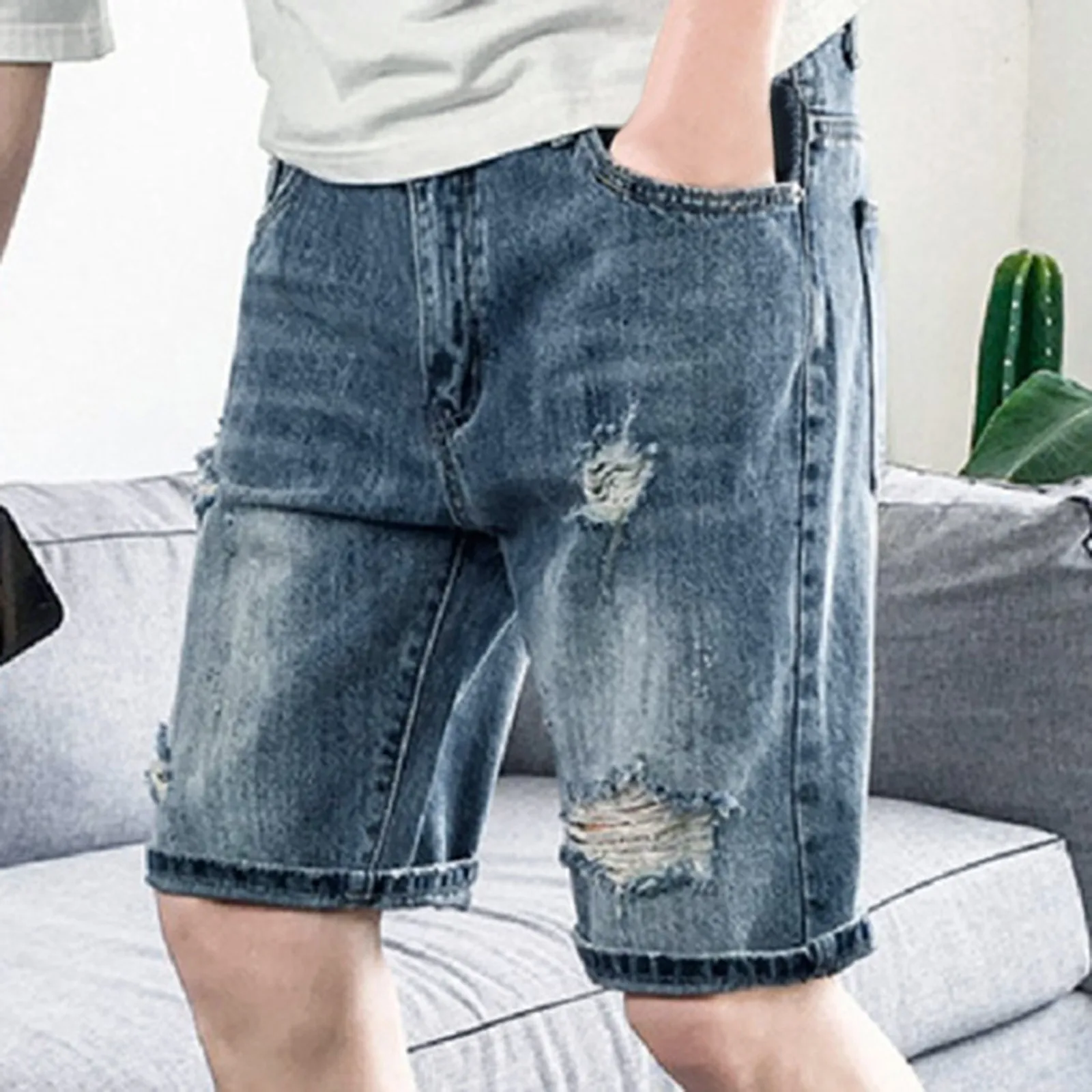 House 6 أزياء رجالي مكسور ثقوب سليم صالح تمتد الدينيم السراويل السراويل عارضة مستقيم الساق الجينز الصبي 12