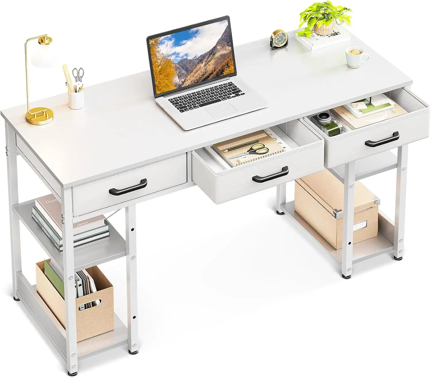 

48 H Computer Desk With 3 Fabric Drawers And Storage Shelves Metal Frame Modern Minimalist Style Writing Study Pc Table For